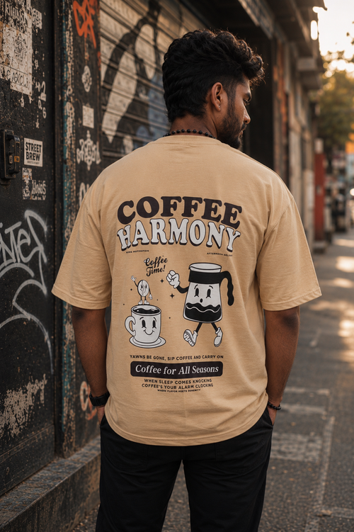 Matrixxwear Coffee Harmony Oversized Graphic T-Shirt – Beige | 100% Cotton Casual Streetwear Tee