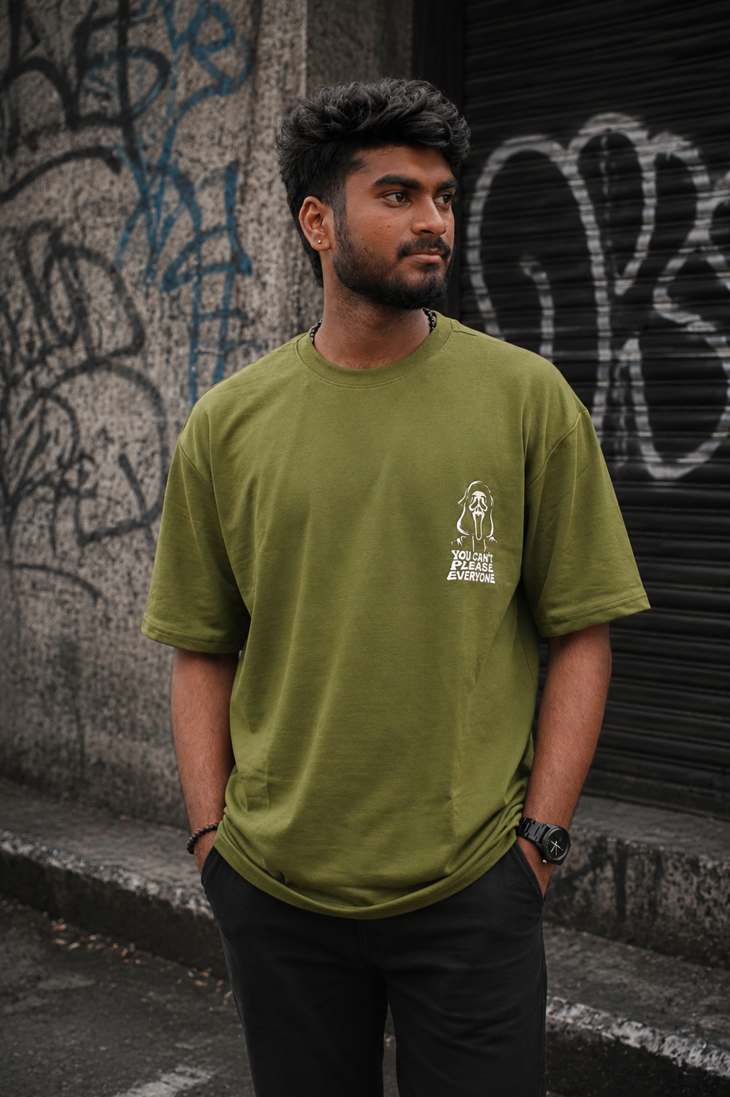 Olive Green Oversized Graphic T-Shirt | You Can't Please Everyone | Premium Cotton Streetwear