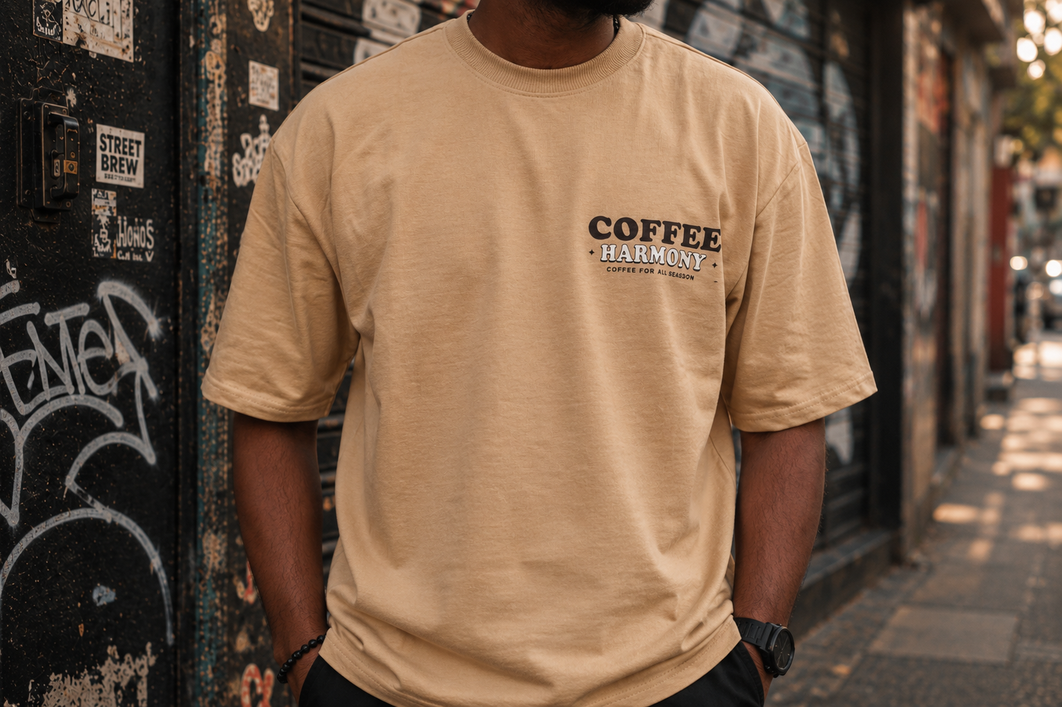 Matrixxwear Coffee Harmony Oversized Graphic T-Shirt – Beige | 100% Cotton Casual Streetwear Tee