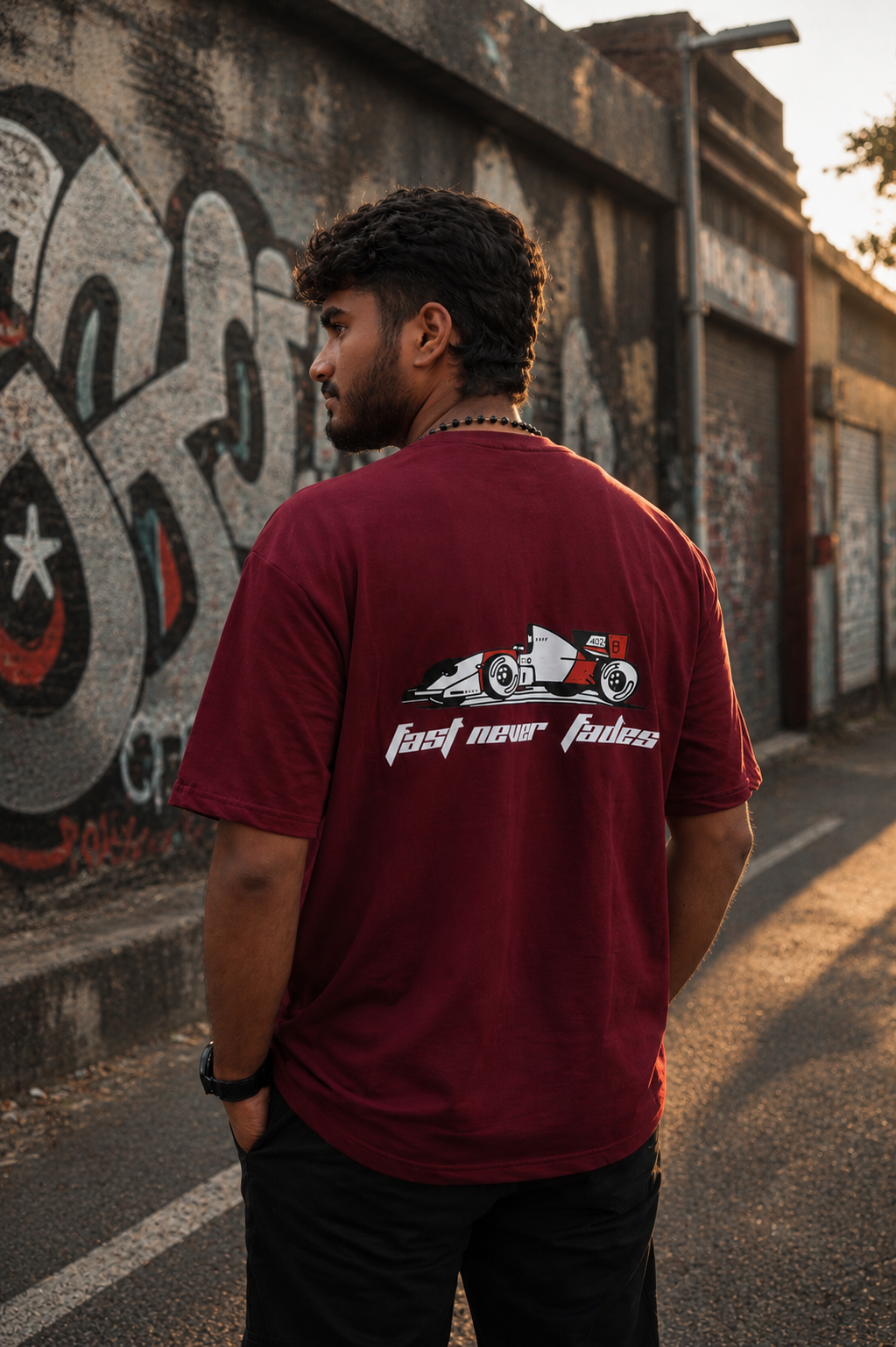 Matrixxwear Fast Never Fades Oversized Graphic T-Shirt – Maroon | 100% Cotton Racing Streetwear Tee