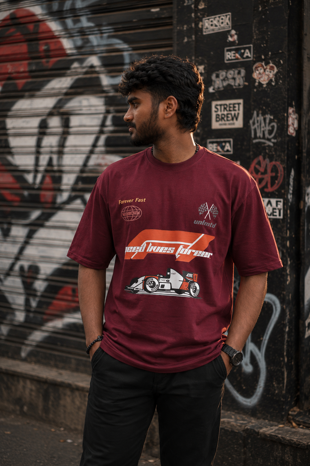 Matrixxwear Fast Never Fades Oversized Graphic T-Shirt – Maroon | 100% Cotton Racing Streetwear Tee